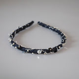 Narrow Headband Indigo Denim Black Flower