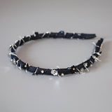 Narrow Headband Indigo Denim Black Flower