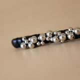 Straight Hair Clip Black Leather Silver Dot