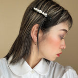 Straight Hair Clip Black Leather Pearl