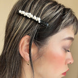 Straight Hair Clip Black Leather Pearl
