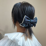 Black Green Ribbon Pearl Scrunchie