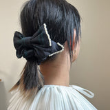 Black Green Ribbon Pearl Scrunchie