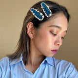 Hair Pin Velour Navy Blue Silver Studs Mix