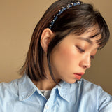 Narrow Headband Blue Denim Black Flower