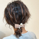 Velvet Ribbon Beige Pearl Hair Pony