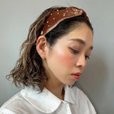 Brown Velour Turban Headband Gold Studs