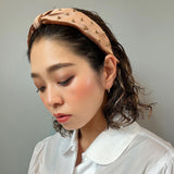 Brown Velour Turban Headband Gold Studs