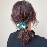 White Flower Green Velour Mini Scrunchie
