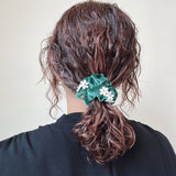 White Flower Green Velour Mini Scrunchie