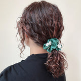 White Flower Green Velour Mini Scrunchie