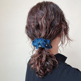 Silver Studs Cerulean Blue Velour MIni Scrunchie