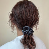 Black Flower Charcoal Velour Mini Scrunchie