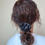 Black Flower Charcoal Velour Mini Scrunchie