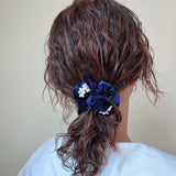 White Flower Navy Velour Mini Scrunchie