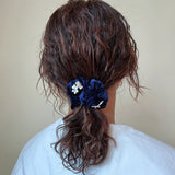 White Flower Navy Velour Mini Scrunchie