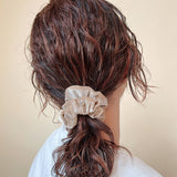 Silver Flower Sand Beige Velour Mini Scrunchie