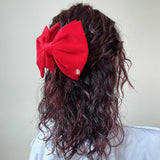 Matte Velour Bright Red Big Ribbon Hair Clip